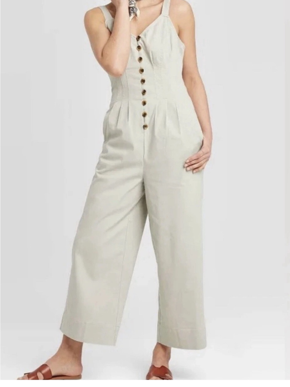 Universal thread cropped wide leg cotton spandex blend jumpsuit in light sage